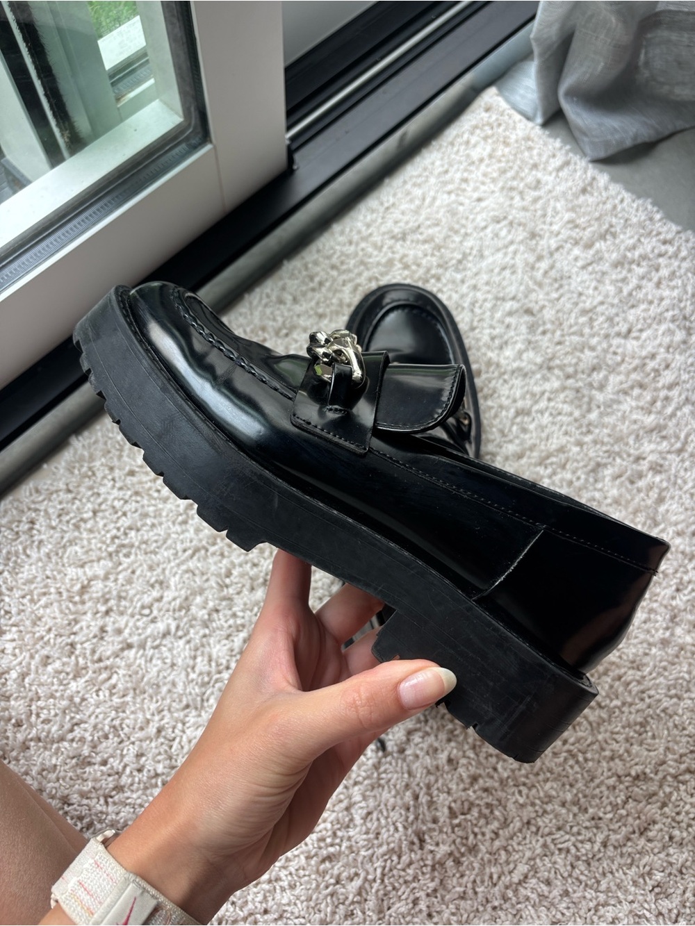 ZARA Black Patent Chain-Trim Lug Sole Loafers - Picture 3 of 3